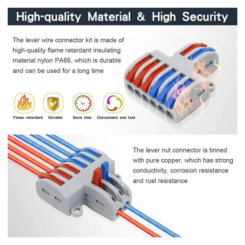 Secure Push Wire Connector Terminal Block Kit For Fast Splicing No Tools Needed Flame Retardant Housing Fits Tight Spaces on copper wires