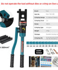 Beefy 12-Ton Hydraulic Crimping Tool For Battery Cables, Wire Terminal Crimper 16-300mm2 6 AWG To 8/0 AWG, With 11 Dies, 16mm Stroke, 180 Degree Swivel Head, Heavy-Duty Electrician Favorite Blue, with 10-300mm² range, dies, and cable lugs