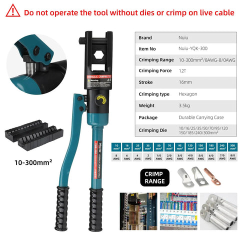 Beefy 12-Ton Hydraulic Crimping Tool For Battery Cables, Wire Terminal Crimper 16-300mm2 6 AWG To 8/0 AWG, With 11 Dies, 16mm Stroke, 180 Degree Swivel Head, Heavy-Duty Electrician Favorite Blue, with 10-300mm² range, dies, and cable lugs