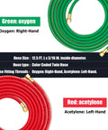 Color-coded twin hoses for Top Shelf Oxygen Acetylene Torch Kit With Dual Gas Tanks, 12.5 ft length, right and left-hand fittings.