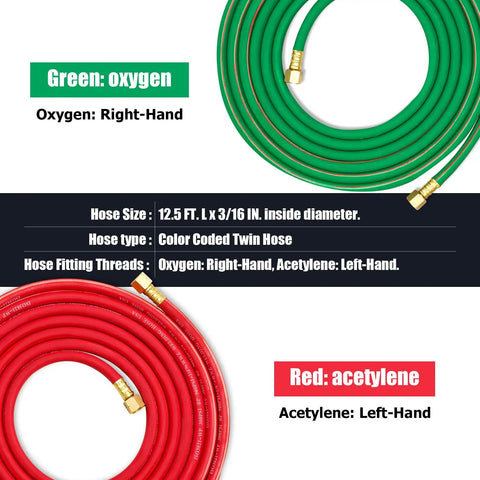 Color-coded twin hoses for Top Shelf Oxygen Acetylene Torch Kit With Dual Gas Tanks, 12.5 ft length, right and left-hand fittings.
