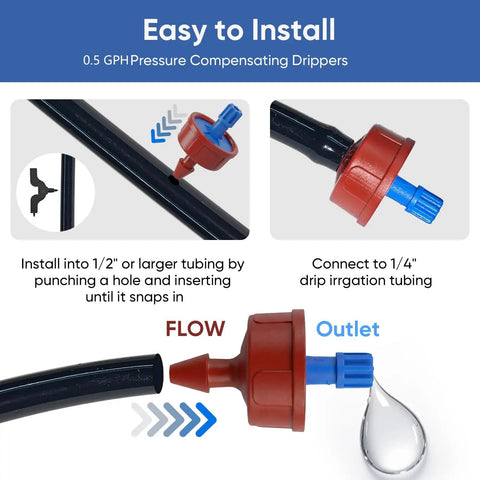 Installation guide for 50 Pack 0.5 GPH Pressure Compensating Drippers For Garden Irrigation System showing connection steps.