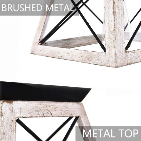 Close-up of Farmhouse White Square Ceiling Light Fixture Semi Flush Mount with rustic iron frame and faux wood grain finish.