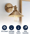 Brass Gold 7.8 Inch 1 Light Industrial Farmhouse Vanity Wall Sconce With Metal Shade LED Bulb Included For Bathroom Mirror Kitchen Entryway