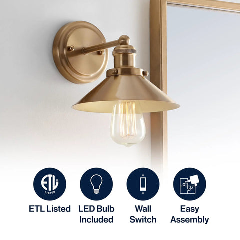 Brass Gold 7.8 Inch 1 Light Industrial Farmhouse Vanity Wall Sconce With Metal Shade LED Bulb Included For Bathroom Mirror Kitchen Entryway