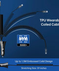 Heavy Duty iPhone Car Charger Featuring Coiled Lightning Cable And Extra Usb Dock MFi Certified Rapid Power Adapter for iPhone 15 14 13 12 11 Xr Xs Max 8 Plus iPad shows coiled TPU cable design.