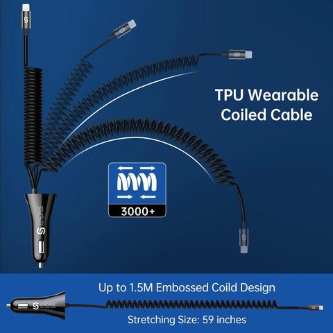 Heavy Duty iPhone Car Charger Featuring Coiled Lightning Cable And Extra Usb Dock MFi Certified Rapid Power Adapter for iPhone 15 14 13 12 11 Xr Xs Max 8 Plus iPad shows coiled TPU cable design.