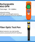 Pro Grade All In One Fiber Optic Tool Kit With Rechargeable Power Meter L C7 Visual Fault Locator Fiber Cleaver X5 Wire Stripping Pliers Aramid Scissors Peelers And FTTH Hot Melt Cold Connection Kit For Field Termination And Testing - shows rechargeable mini OPM and fiber optic test pen.