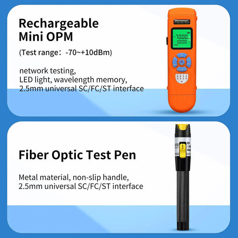 Pro Grade All In One Fiber Optic Tool Kit With Rechargeable Power Meter L C7 Visual Fault Locator Fiber Cleaver X5 Wire Stripping Pliers Aramid Scissors Peelers And FTTH Hot Melt Cold Connection Kit For Field Termination And Testing - shows rechargeable mini OPM and fiber optic test pen.