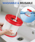 Two Pack 49-90-1900 Wet Dry Vacuum Filter Kit For Cordless M18 Vac 0780-20 0880-20 being washed in a sink to show its reusability.