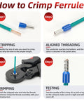 Grab This Epic Cinlin Crimping Tool Kit Featuring Self-Adjusting 4-Corner Ratchet Pliers, AWG 23 To 7 Gauge Ferrule Connectors, And A Massive 1800 Piece Terminal Set Perfect For Your Car Audio Setup Or Any Toughest DIY Projects Around The House Today. wiring guide showing ferrule crimp steps with tool and blue connector