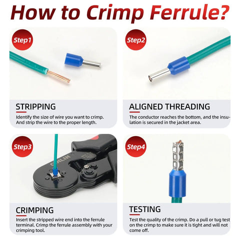 Grab This Epic Cinlin Crimping Tool Kit Featuring Self-Adjusting 4-Corner Ratchet Pliers, AWG 23 To 7 Gauge Ferrule Connectors, And A Massive 1800 Piece Terminal Set Perfect For Your Car Audio Setup Or Any Toughest DIY Projects Around The House Today. wiring guide showing ferrule crimp steps with tool and blue connector