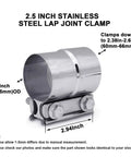 Top Tier 2.5 Inch Lap Joint Band Clamp For Exhaust Systems 304 Stainless Steel Pipe Connector Universal Fit 2 Pack displayed with size measurements.