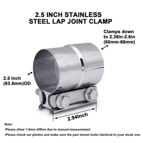 Top Tier 2.5 Inch Lap Joint Band Clamp For Exhaust Systems 304 Stainless Steel Pipe Connector Universal Fit 2 Pack displayed with size measurements.
