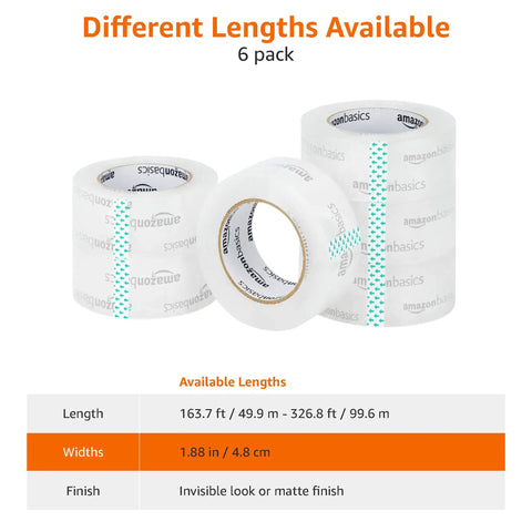 Crystal Clear Packing Tape Set, Heavy Duty BOPP with Water Based Adhesive, 1.88 Inch by 109 Yards, six pack image showing different lengths