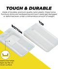 Front view of two white plastic furniture leveler wedges with ribbed tops and recessed bases for leveling on uneven floors.