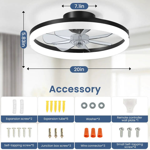 Slick 20 Inch Low Profile Ceiling Fan With Dimmable Led Light, Smart Remote And Phone App Control, Fast Fold Blades indoor accessory kit.