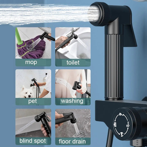 CUTPOIY Wall-Mounted Matte Black Exposed Shower System Rain Shower 4 Function Hot and Cold Tub Spout Shower Faucet Set with ABS Handheld Spray for various cleaning tasks.