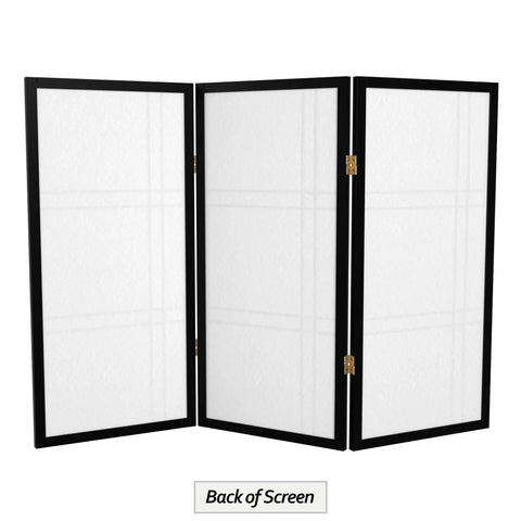 Back view of 3 Ft Black Double Cross Shoji Screen 3 Panel Folding Room Divider With Rice Paper Panels And Spruce Wood Frame Space Saver