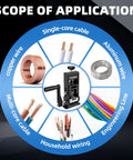 Pro Level Handheld Wire Stripper Tool With Tunable Dual Drive Modes For Fast Wire Insulation Skinning and Effortless Trade Site Prep Without Breaking A Sweat, showing its applications with various wire types.