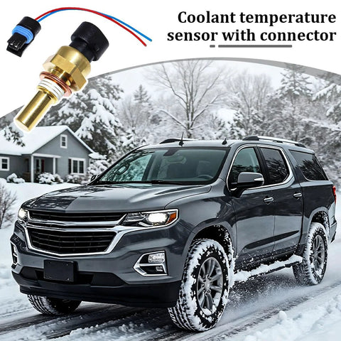 Sandfren coolant temperature sensor with connector harness; brass body, red and blue wires (front view)
