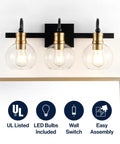 21.5 Inch Black And Brass Gold Vintage Wall Sconce With Clear Glass Globe Shade Sleek Industrial Arched LED Vanity Light