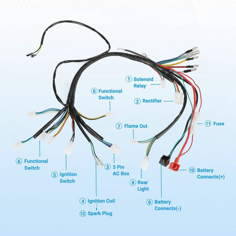 Electric Wiring Harness Kit For 110cc And 125cc Chinese ATVs Quad Bikes Like Taotao with labeled connectors on blue background