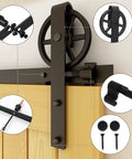 Heavy Duty Sliding Barn Door Hardware Kit With Big Spoke Wheel Hanger J Style 6 Feet Long Supports Up To 330 Lbs installed view