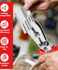 Person using Five Blade Hand Crimper for gutter and sheet metal, showcasing rust resistant build and anti slip ergonomic handle.