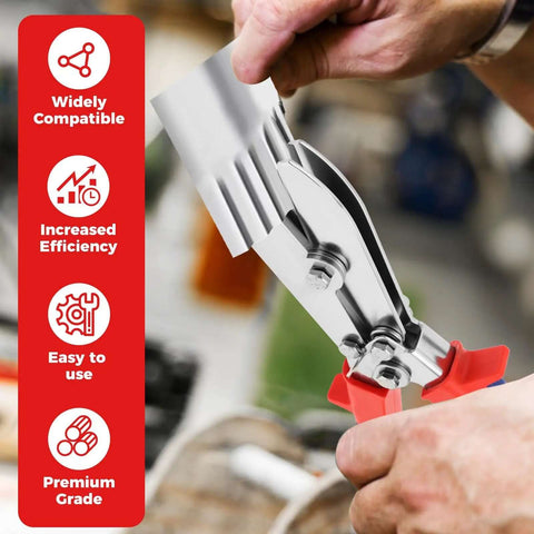 Person using Five Blade Hand Crimper for gutter and sheet metal, showcasing rust resistant build and anti slip ergonomic handle.