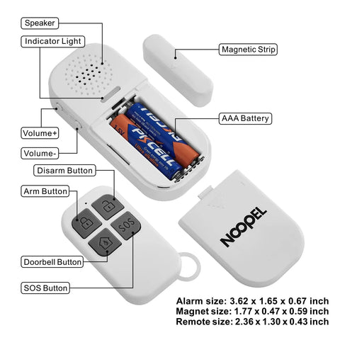 Two Pack Door Alarms For Kids Safety With 130dB Window Sensor Alarm And Remote, showing open view with batteries and remote control.