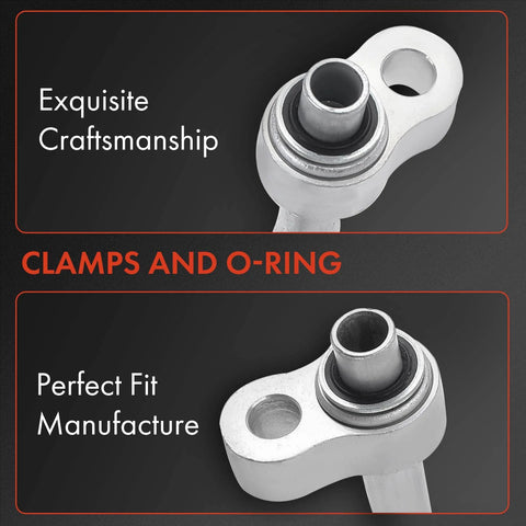 A-Premium A/C discharge line hose assembly with metal clamp and O-ring, front and side views