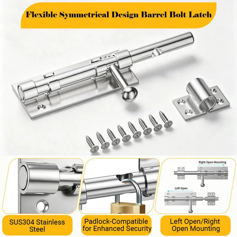 Tough As Nails Heavy Duty 6.3 Inch Barrel Bolt Door Latch Forged From Rust Resistant Sus 304 Stainless Steel with mounting screws.