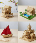 Make Your Next Craft Project A Real Deal Game Changer With These Top Shelf Unfinished Wooden Dowel Rods And Art And Craft Supplies, wooden models of houses and a boat.