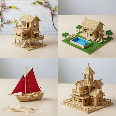 Make Your Next Craft Project A Real Deal Game Changer With These Top Shelf Unfinished Wooden Dowel Rods And Art And Craft Supplies, wooden models of houses and a boat.