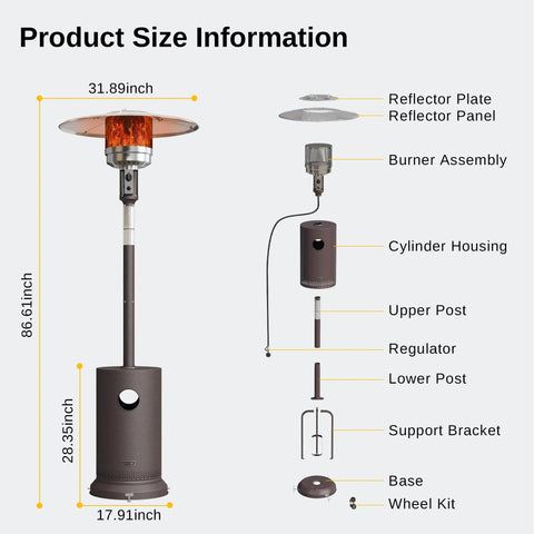 Round Table Patio Heater 48,000 BTU With Dual Layer Stainless Burner And Wheels Bronze Finish ETL Certified size diagram