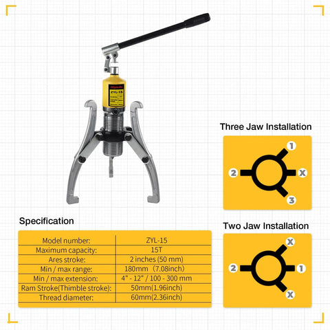10 Ton Hydraulic Gear Puller Kit With 2 Or 3 Jaws, diagram with specifications and installation guide, heavy-duty forged steel
