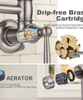 Brushed Nickel Pot Filler Faucet Wall Mount With Double Joint Swing Arms And Two Handles High Flow Brass Stove Faucet For Cold Water Only Eco Friendly Solid Brass Construction showing internal features such as the drip-free brass cartridge and aerator components.