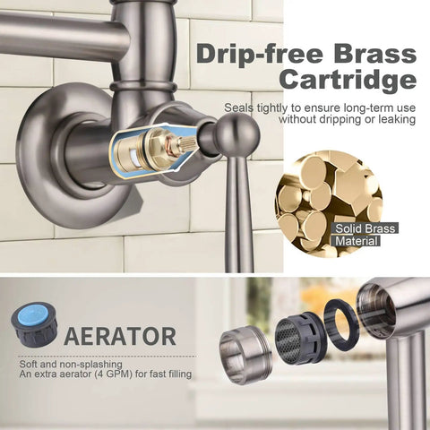 Brushed Nickel Pot Filler Faucet Wall Mount With Double Joint Swing Arms And Two Handles High Flow Brass Stove Faucet For Cold Water Only Eco Friendly Solid Brass Construction showing internal features such as the drip-free brass cartridge and aerator components.
