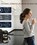 Professional Espresso Maker With Built In Milk Frother And Clear Glass Carafe, Reliable 3.5 Bar Pump Pulls Smooth Shots For Homemade Lattes, Super Easy Dial Operates Like A Charm And Hits Different Every Time on kitchen countertop with user.
