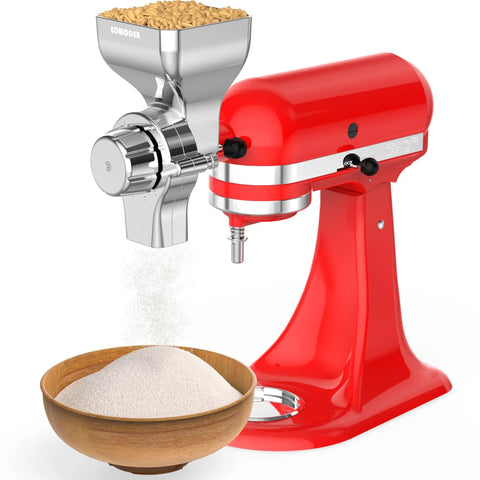 Heavy Duty All Metal Grain Mill Attachment For Stand Mixer with 12 Grind Settings grinding wheat into flour