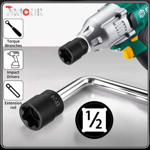 Heavy Duty One Half Drive Ep24 E Torx Plus Socket Six Point Female External Construction with impact driver for maximum grip.