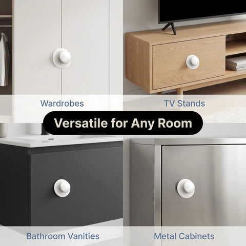Hassle Free No Drill Cabinet Handles And Peel And Stick Knobs In Matte White for wardrobes, TV stands, and cabinets.