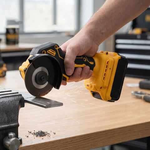 Close-up of Badass Precise Brushless Mini Circular Saw Sweet Cordless Angle Grinder Hybrid cutting a metal pipe with sparks.