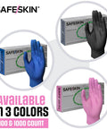 Safeskin ultralight nitrile disposable gloves, large magenta, 100-count; powder-free, latex-free; blue and black variants shown