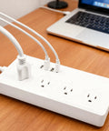 Slick WiFi Smart Power Strip With Eight Plug And Play Outlets Delivering Solid Surge Protection Alongside Pd 20W USB C Fast Charging, white power strip with USB ports.