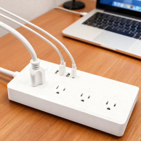 Slick WiFi Smart Power Strip With Eight Plug And Play Outlets Delivering Solid Surge Protection Alongside Pd 20W USB C Fast Charging, white power strip with USB ports.