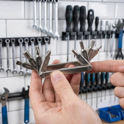 Hand holding Eight In One Bike Multitool with hex keys 2mm to 6mm, Torx T25, Phillips screwdriver in a workshop setting.