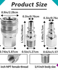 One Quarter Inch NPT A Style Coupler And Plug Kit Size Guide showing dimensions of couplers and plugs for air tools.