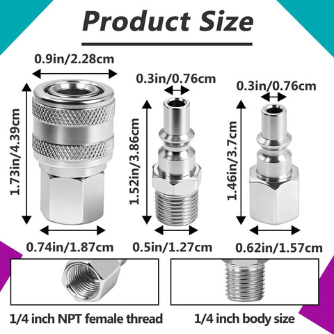 One Quarter Inch NPT A Style Coupler And Plug Kit Size Guide showing dimensions of couplers and plugs for air tools.